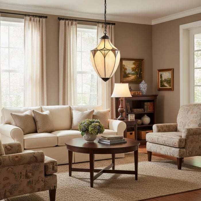 TF Brooklyn Acorn hanglamp met één lichtpunt, gebrandschilderd glasdesign - Tiffany vintage stijl voor eetkamer en hal HL2108