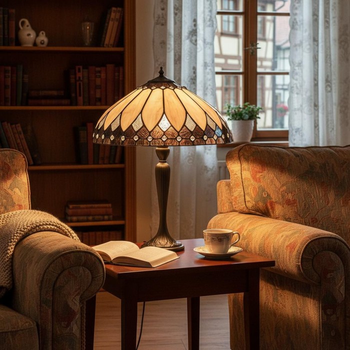 Lampa stołowa TF Brooklyn Tiffany z witrażem i mozaiką – klasyczny styl art déco do salonu HL2220