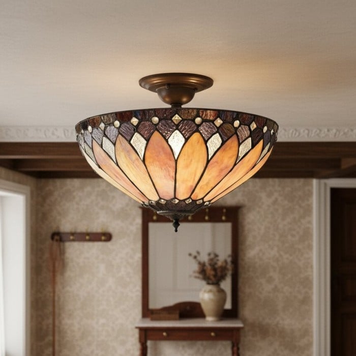 TF Brooklyn Tiffany Semi-flush Ceiling Light - Geometric Glass Shade for Hallways or Living Rooms HL2243