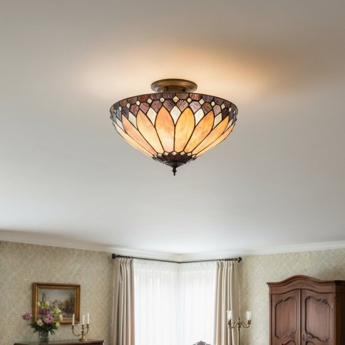 TF Brooklyn Tiffany Semi-flush Ceiling Light - Geometric Glass Shade for Hallways or Living Rooms HL2243