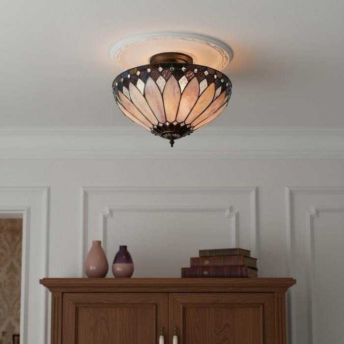 TF Brooklyn Tiffany Semi-flush Ceiling Light - Geometric Glass Shade for Hallways or Living Rooms HL2243
