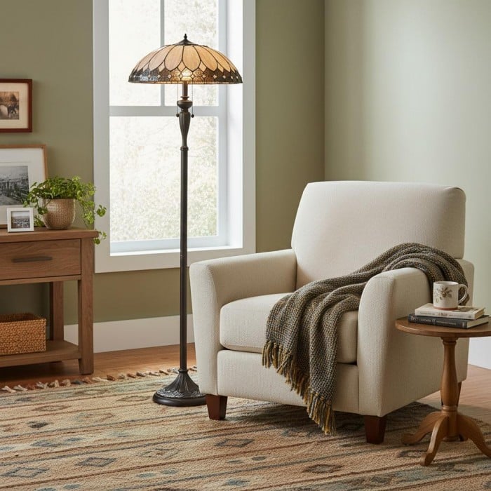 Lámpara de pie Tiffany TF Brooklyn con diseño geométrico Art Déco - Pantalla de vitral y base negra satinada para sala de estar