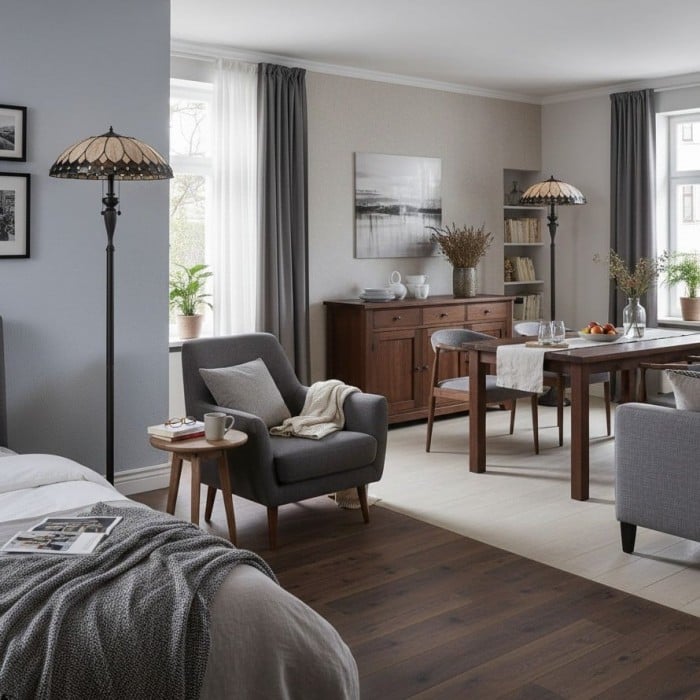 Lámpara de pie Tiffany TF Brooklyn con diseño geométrico Art Déco - Pantalla de vitral y base negra satinada para sala de estar