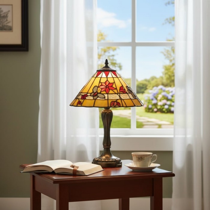 TF Butterfly Tischleuchte – Tischleuchte mit handgeschnittenem Buntglasschirm für Wohn- und Schlafzimmer HL2052