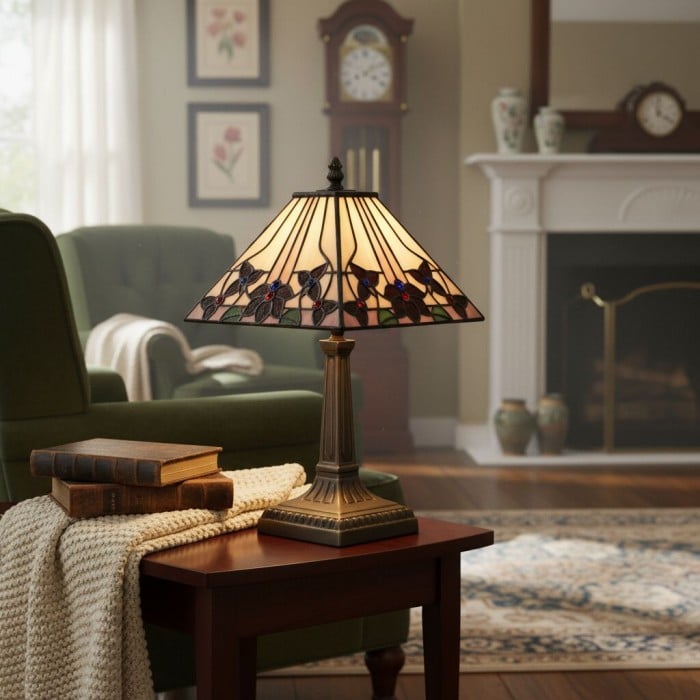 TF Camillo Dragonfly Stained Glass Table Lamp - Art Nouveau Tiffany Style with Scalloped Edge for Living Room and Bedroom HL2156