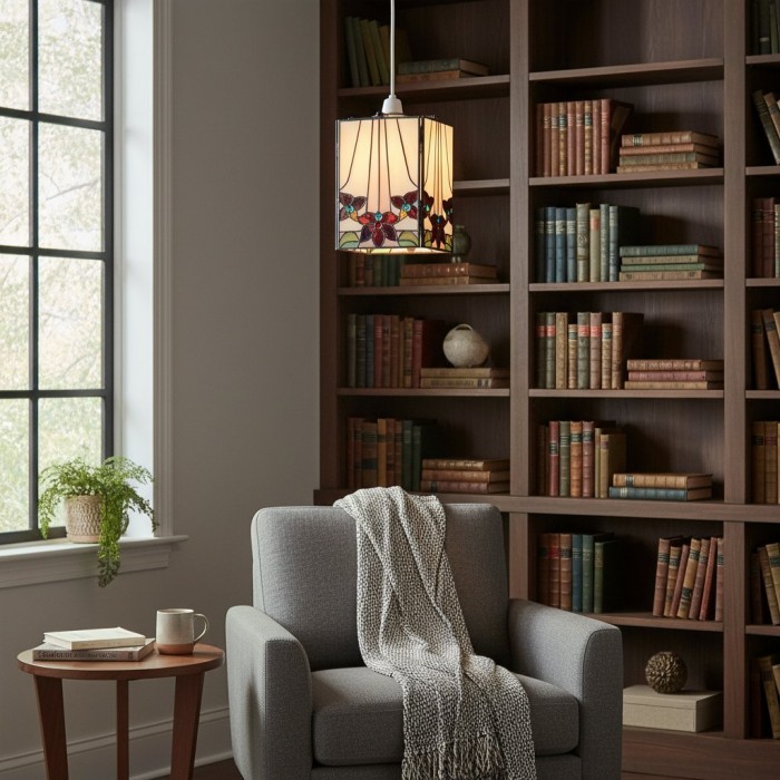 TF Camillo Mosaic Tiffany Glas Pendellampa - Fyrkantig Lanternskärm - Hantverksmässig Heminredningsaccessoar HL2224