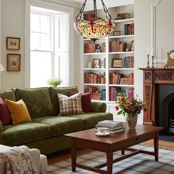 Lampada a sospensione Tiffany beige Dragonfly TF - Elegante lampadario in vetro colorato per sala da pranzo e camera da letto