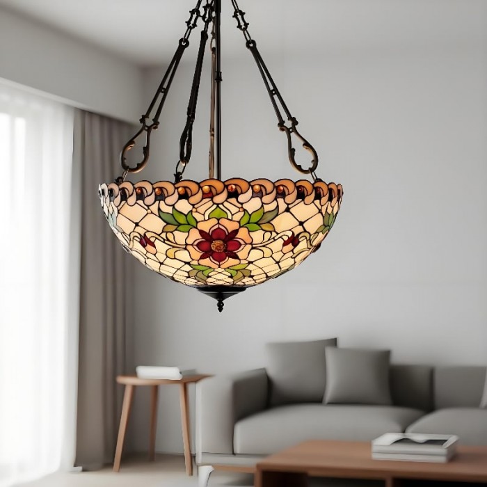 Lampada a sospensione Tiffany beige Dragonfly TF - Elegante lampadario in vetro colorato per sala da pranzo e camera da letto