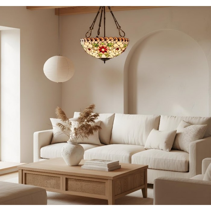 Lampada a sospensione Tiffany beige Dragonfly TF - Elegante lampadario in vetro colorato per sala da pranzo e camera da letto