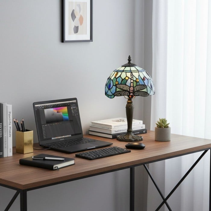 Lámpara de mesa TF Dragonfly tallada a mano - Vitral vintage para dormitorio o sala de estar HL2159