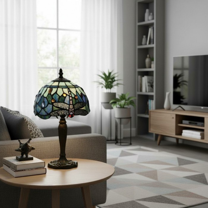 Lámpara de mesa TF Dragonfly tallada a mano - Vitral vintage para dormitorio o sala de estar HL2159