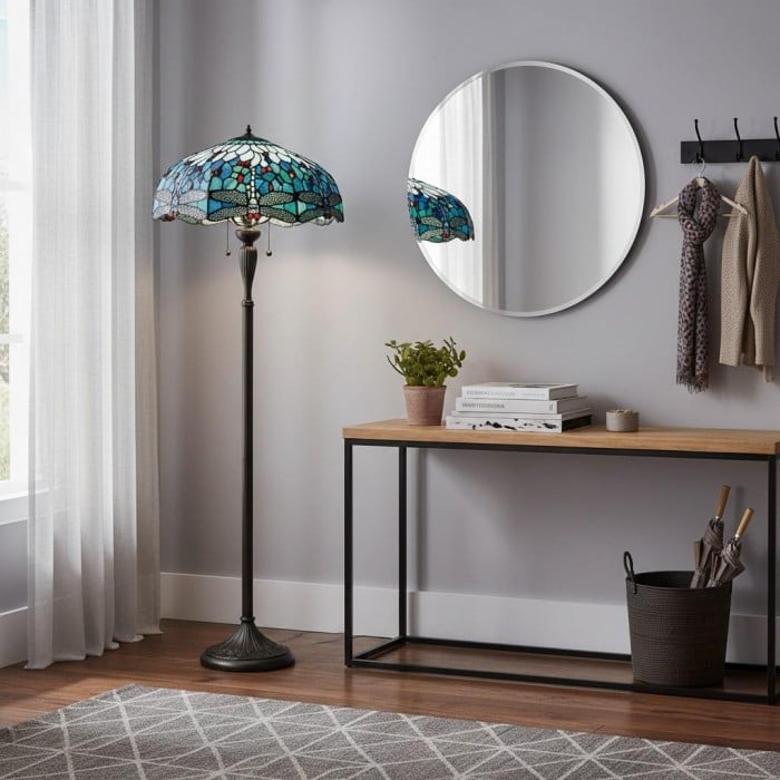 TF Dragonfly Motif Floor Lamp - Vintage Stained-Glass for Living Rooms HL2130
