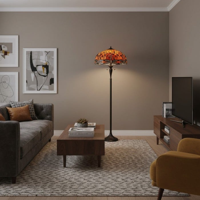 TF Dragonfly Motif Floor Lamp - Vintage Stained-Glass for Living Rooms HL2130