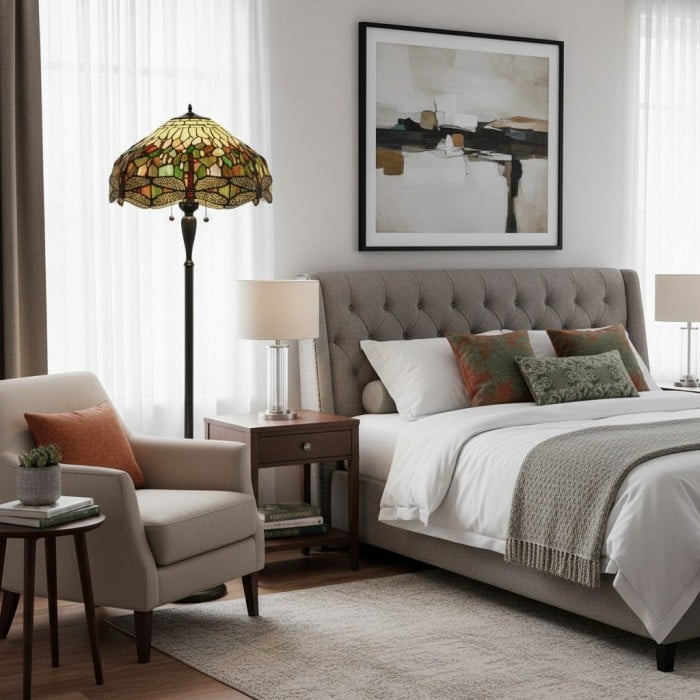 TF Dragonfly Motif Floor Lamp - Vintage Stained-Glass for Living Rooms HL2130