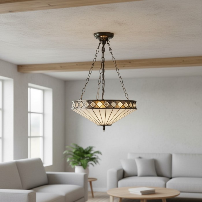 Lampada a sospensione regolabile TF Fargo con paralume invertito ispirato alle vetrate colorate per isola e sala da pranzo