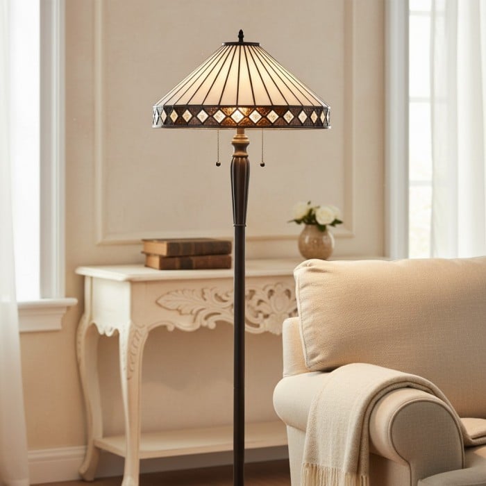 Lampa podłogowa Tiffany w geometrycznym stylu art déco TF Fargo do salonu, oświetlenie narożne HL2053
