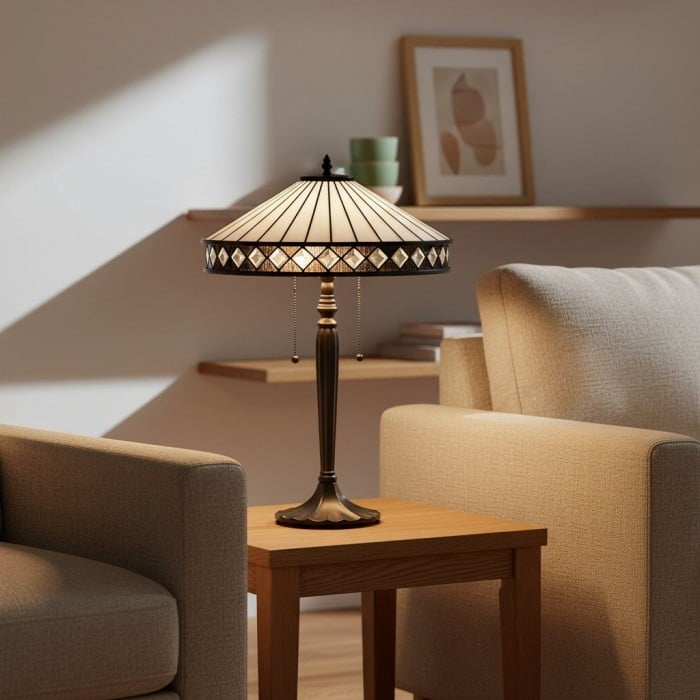 TF Fargo Geometrisk Tiffany-lampa - Accentbelysning i bärnstensfärgad och krämfärgad glas för sovrum eller arbetsrum HL2206