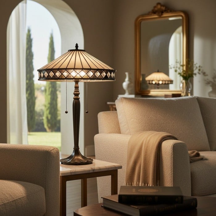 TF Fargo Geometrisk Tiffany-lampa - Accentbelysning i bärnstensfärgad och krämfärgad glas för sovrum eller arbetsrum HL2206