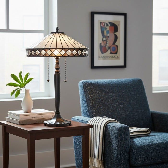 TF Fargo Geometrisk Tiffany-lampa - Accentbelysning i bärnstensfärgad och krämfärgad glas för sovrum eller arbetsrum HL2206