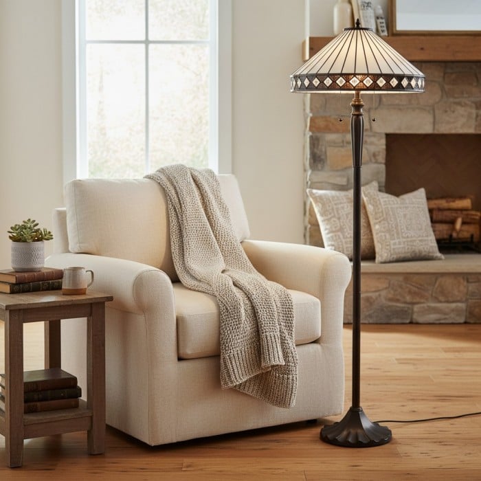 TF Fargo Geometrisk Tiffany-lampa - Accentbelysning i bärnstensfärgad och krämfärgad glas för sovrum eller arbetsrum HL2206