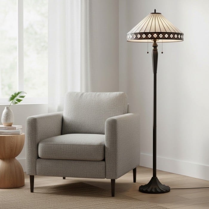 TF Fargo Geometrisk Tiffany-lampa - Accentbelysning i bärnstensfärgad och krämfärgad glas för sovrum eller arbetsrum HL2206