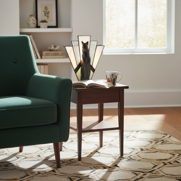 TF Felix Tafellamp - Art Deco Design met Glazen Kap en Kattenbeeldje voor Woonkamer of Slaapkamer HL2183