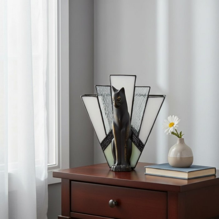 TF Felix Tafellamp - Art Deco Design met Glazen Kap en Kattenbeeldje voor Woonkamer of Slaapkamer HL2183