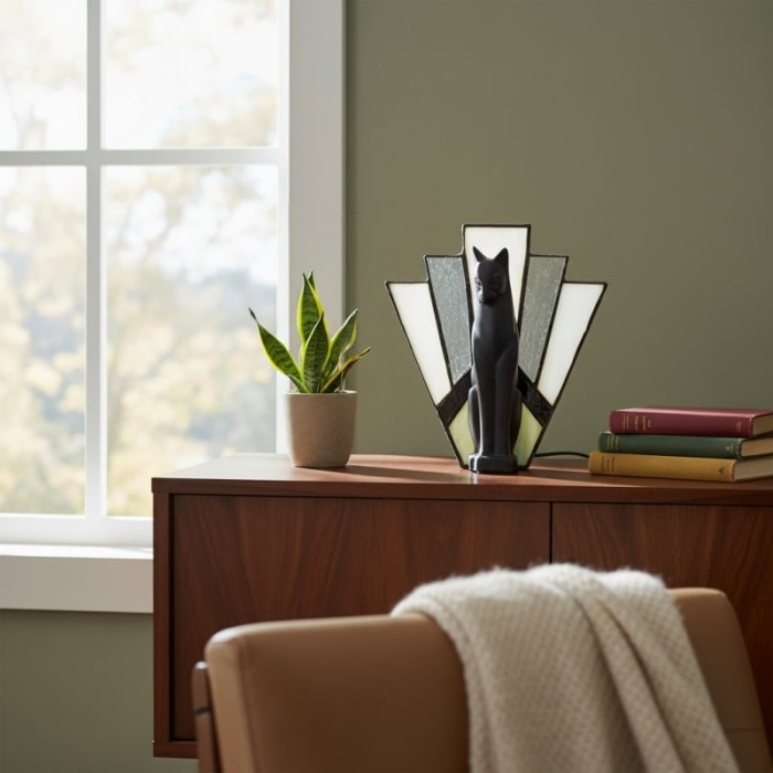 TF Felix Tafellamp - Art Deco Design met Glazen Kap en Kattenbeeldje voor Woonkamer of Slaapkamer HL2183