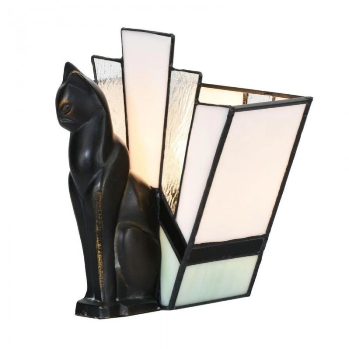 TF Felix Tafellamp - Art Deco Design met Glazen Kap en Kattenbeeldje voor Woonkamer of Slaapkamer HL2183