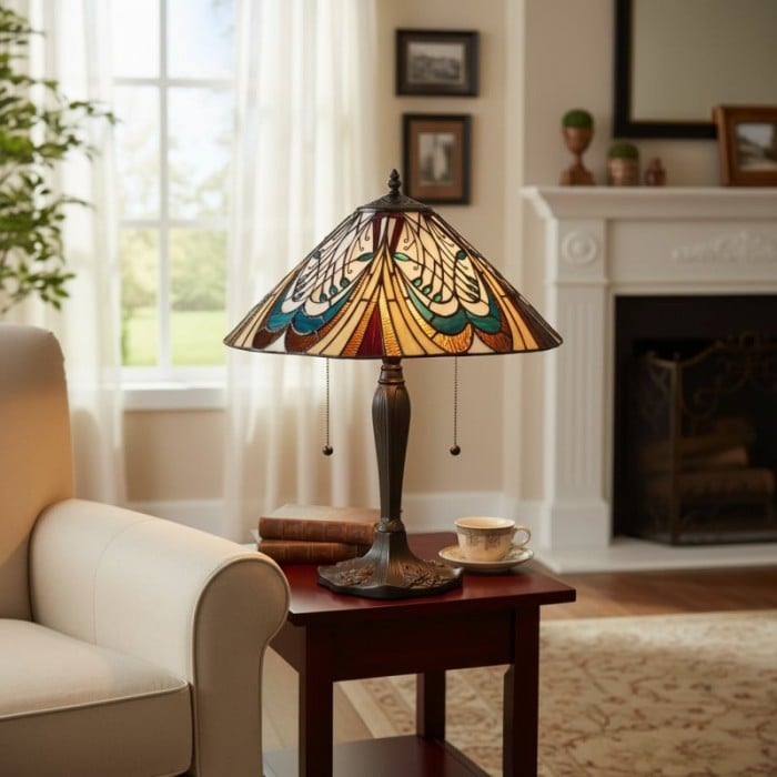 Lampa stołowa TF Hector w stylu secesyjnym – klosz z witrażu, oświetlenie dekoracyjne do salonu lub sypialni HL2246