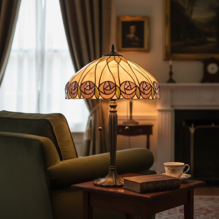 Lampa stołowa w stylu Tiffany ze szkła artystycznego TF Hutchinson – ręcznie wykonana do domu i biura HL2239