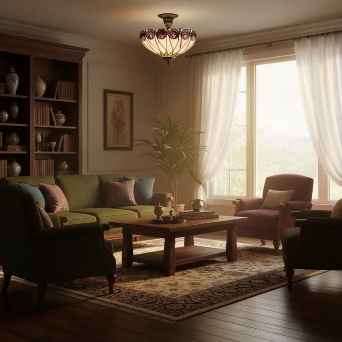 TF Hutchinson Tiffany plafondlamp met Mackintosh rozet voor woon- en eetkamers HL2098