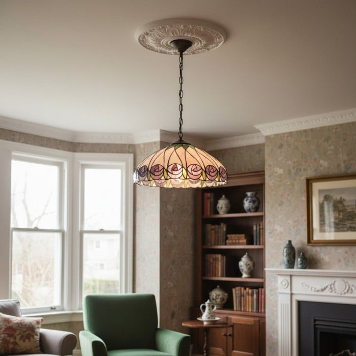 Suspension en verre Tiffany de TF Hutchinson avec motif mosaïque artistique pour salles à manger et salons HL2151