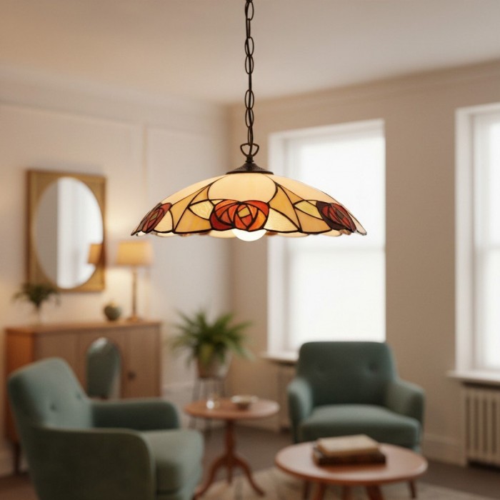 TF Ingram Tiffany hanglamp - Vintage handgemaakte lampenkap van gebrandschilderd glas met bloemenmotief voor de eetkamer HL2229