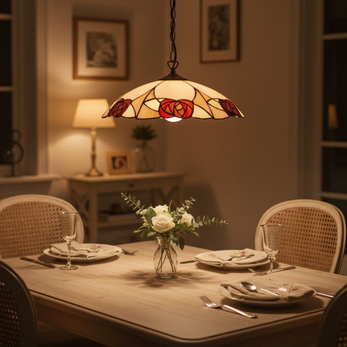 TF Ingram Tiffany hanglamp - Vintage handgemaakte lampenkap van gebrandschilderd glas met bloemenmotief voor de eetkamer HL2229