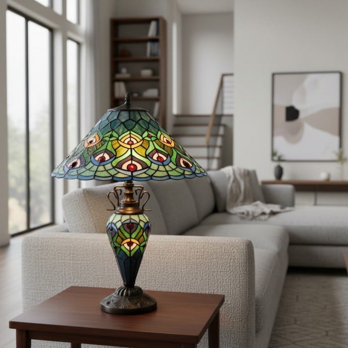 TF Oldbury Desk Lamp - Handcrafted Stained Glass Lamp for Bedroom Reading HL2178