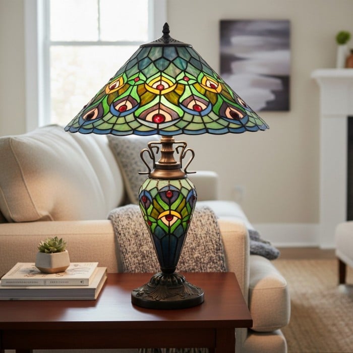 TF Oldbury Desk Lamp - Handcrafted Stained Glass Lamp for Bedroom Reading HL2178