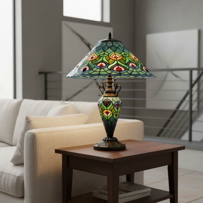 TF Oldbury Desk Lamp - Handcrafted Stained Glass Lamp for Bedroom Reading HL2178