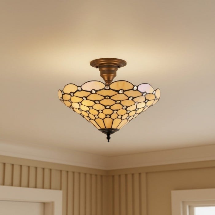 Plafonnier Tiffany artisanal TF Pearl - Luminaire Art Déco en vitrail pour couloir ou salon HL2194