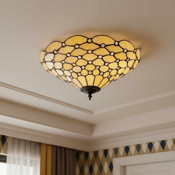 Plafonnier Tiffany artisanal TF Pearl - Luminaire Art Déco en vitrail pour couloir ou salon HL2194