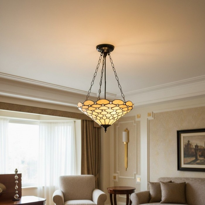Plafonnier Tiffany artisanal TF Pearl - Luminaire Art Déco en vitrail pour couloir ou salon HL2194