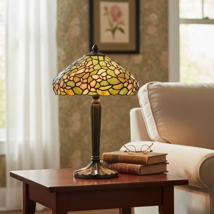 Lampa stołowa TF Sorenia – ciepła lampa witrażowa w stylu kwiatowym do salonu lub sypialni HL2087
