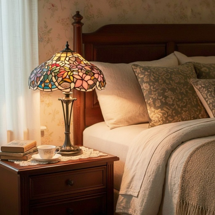 Lampa stołowa Tiffany TF Sullivan – witraż z motywem kwiatowym do sypialni lub salonu HL2107