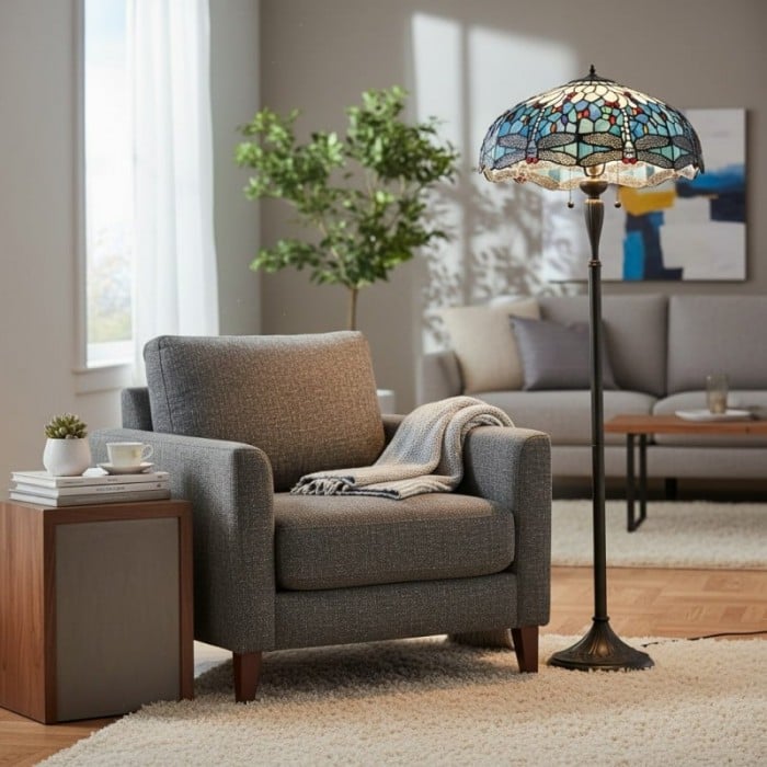 Lámpara de pie de cristal artístico TiffStar con pantalla con diseño ornamental - Lámpara de pie para salas de estar HL2138