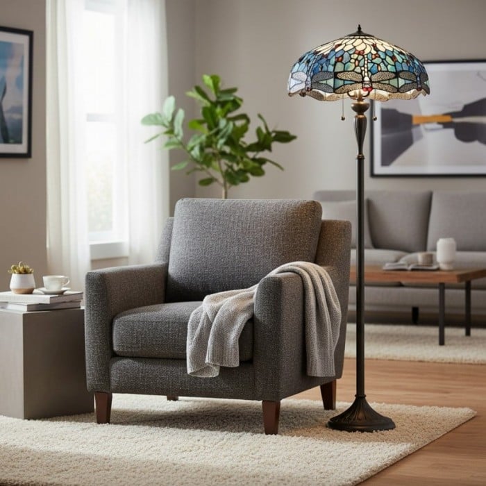 Lámpara de pie de cristal artístico TiffStar con pantalla con diseño ornamental - Lámpara de pie para salas de estar HL2138