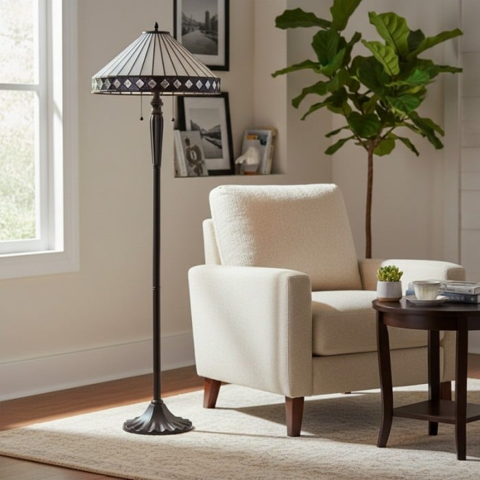 Lámpara de pie de cristal artístico TiffStar con pantalla con diseño ornamental - Lámpara de pie para salas de estar HL2138