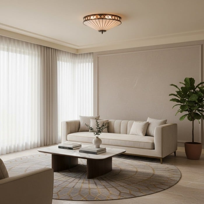 TiffStar Elegant Art Glass Flush Ceiling Light - Vintage-Inspired Ceiling Fixture for Home Interiors HL2015