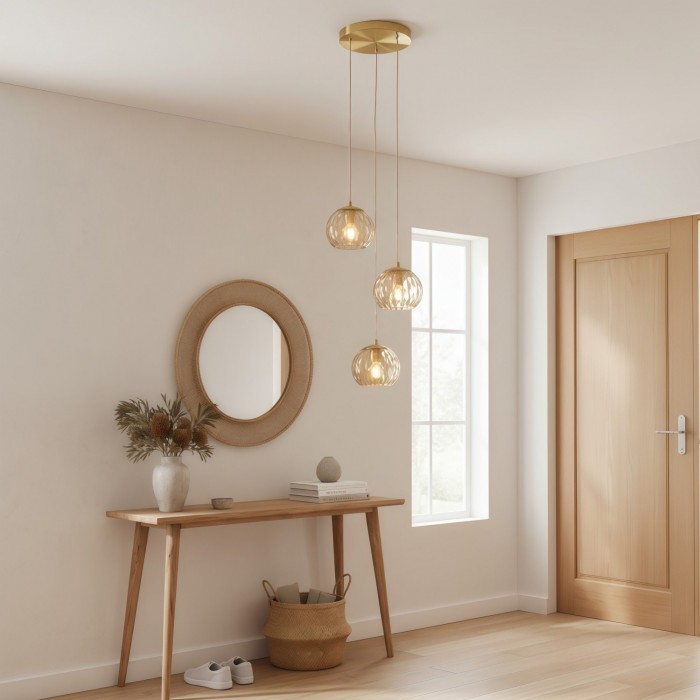 Tracian Dimpled Globes 3-Light Pendant Lamp - Sculptural Amber Lighting Ideal for Lounge or Entryway HL2255