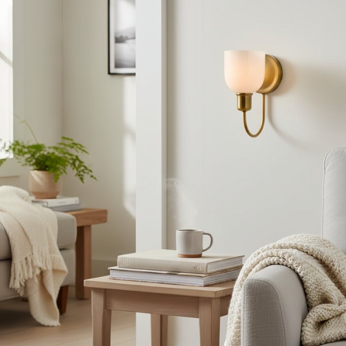 Applique da parete Tracian - Braccio curvo con paralume in vetro o lino per camera da letto HL1953