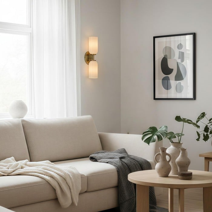 Vega Glass 2 Light Wall Sconce with Champagne Glass Shades - Modern Metal Frame Wall Light for Bathroom & Hallway HL1975